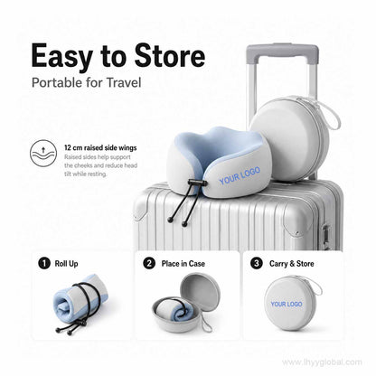 Ice blue travel neck pillow with portable storage case for easy packing and travel use