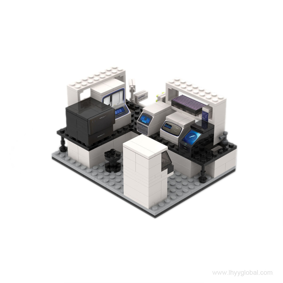 Close-up view of a building block model of a QuantStudio qPCR and Ion Torrent sequencer as part of a miniature laboratory diorama.