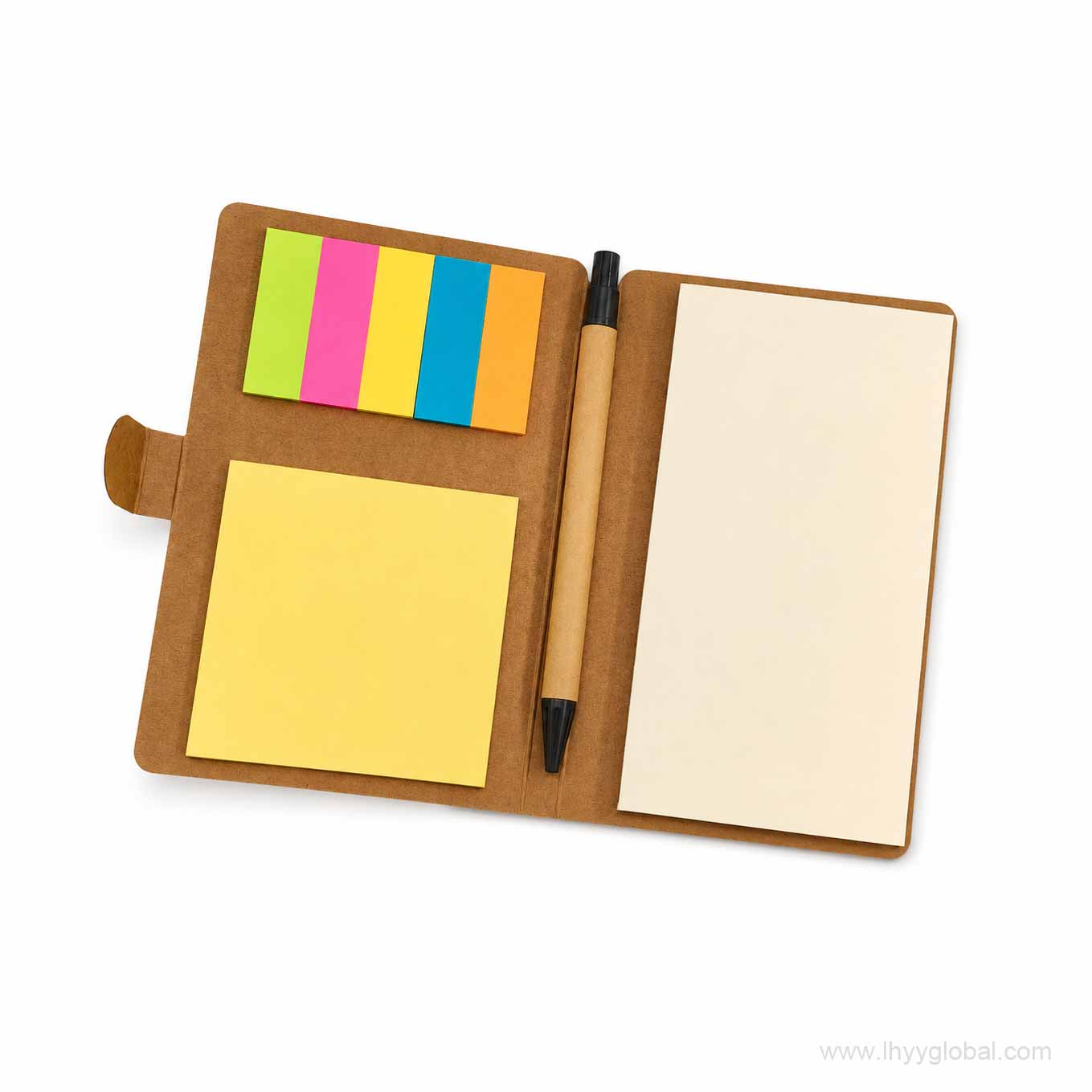 Close view of kraft brown sticky note notebook with memo pads and integrated pen holder
