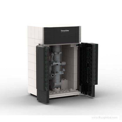 Krios 5 Lego-compatible building block set with hinged front doors open, showcasing the detailed interior column and scientific miniature structure.
