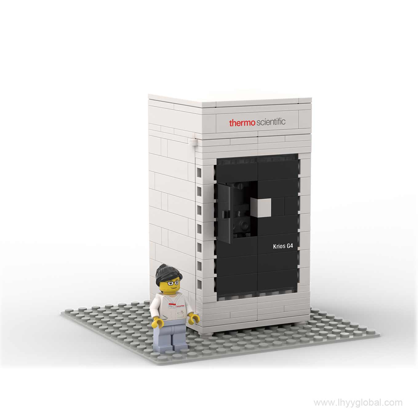 Assembled Krios G4 Cryo-TEM building block display model with scientist figure