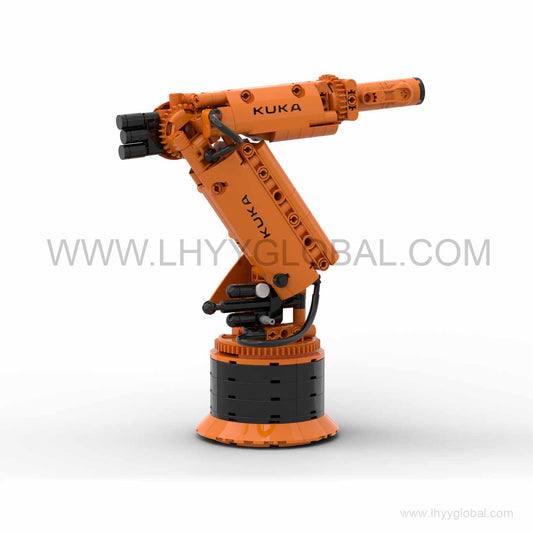 Orange and black KUKA KR FORTEC robot arm building set assembled on a round base