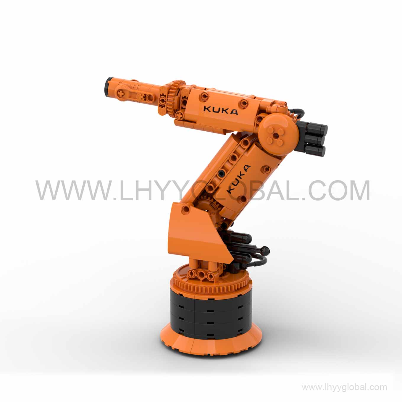 Side view of the assembled orange KUKA KR FORTEC robot arm building block model