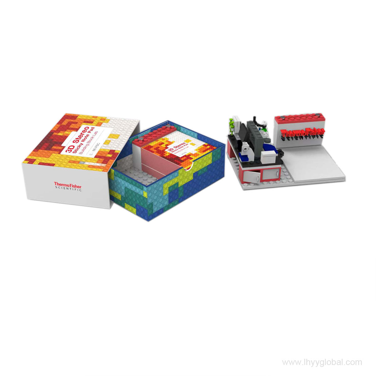 A Lego-compatible 3D pop-up sticky note pad revealing a detailed custom building block laboratory scene on a clean white background.