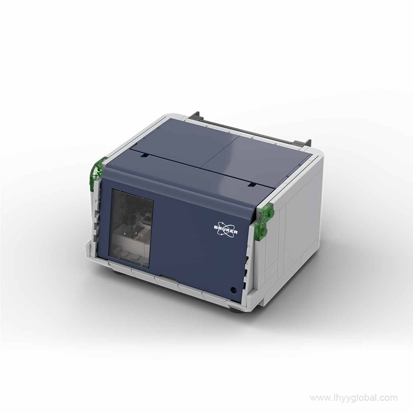 Lego-compatible Bruker Fourier 80 benchtop NMR spectrometer building block model for scientific corporate gifting.