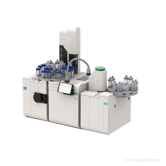 Highly detailed Lego-compatible building block set of the PerkinElmer GC 2400 Platform featuring the detachable touchscreen and autosampler tower.