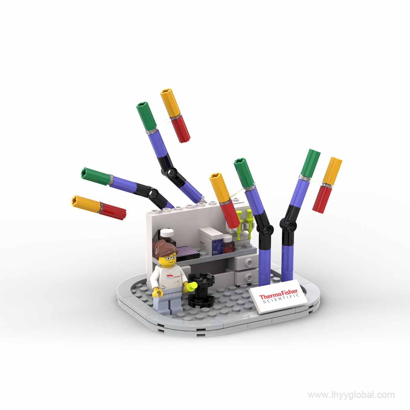 Custom Lego-compatible Thermo Fisher antibody lab scene model, life science biotech trade show corporate gift swag for Thermo Fisher Scientific exhibitions.