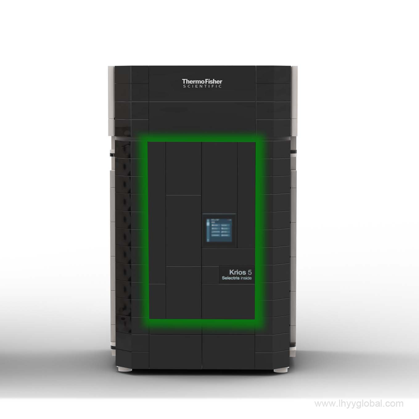 Custom Lego-compatible Thermo Scientific Krios 5 Cryo-TEM microscope block set with simulated green LED display outline enclosure, premium biotech promotional swag.