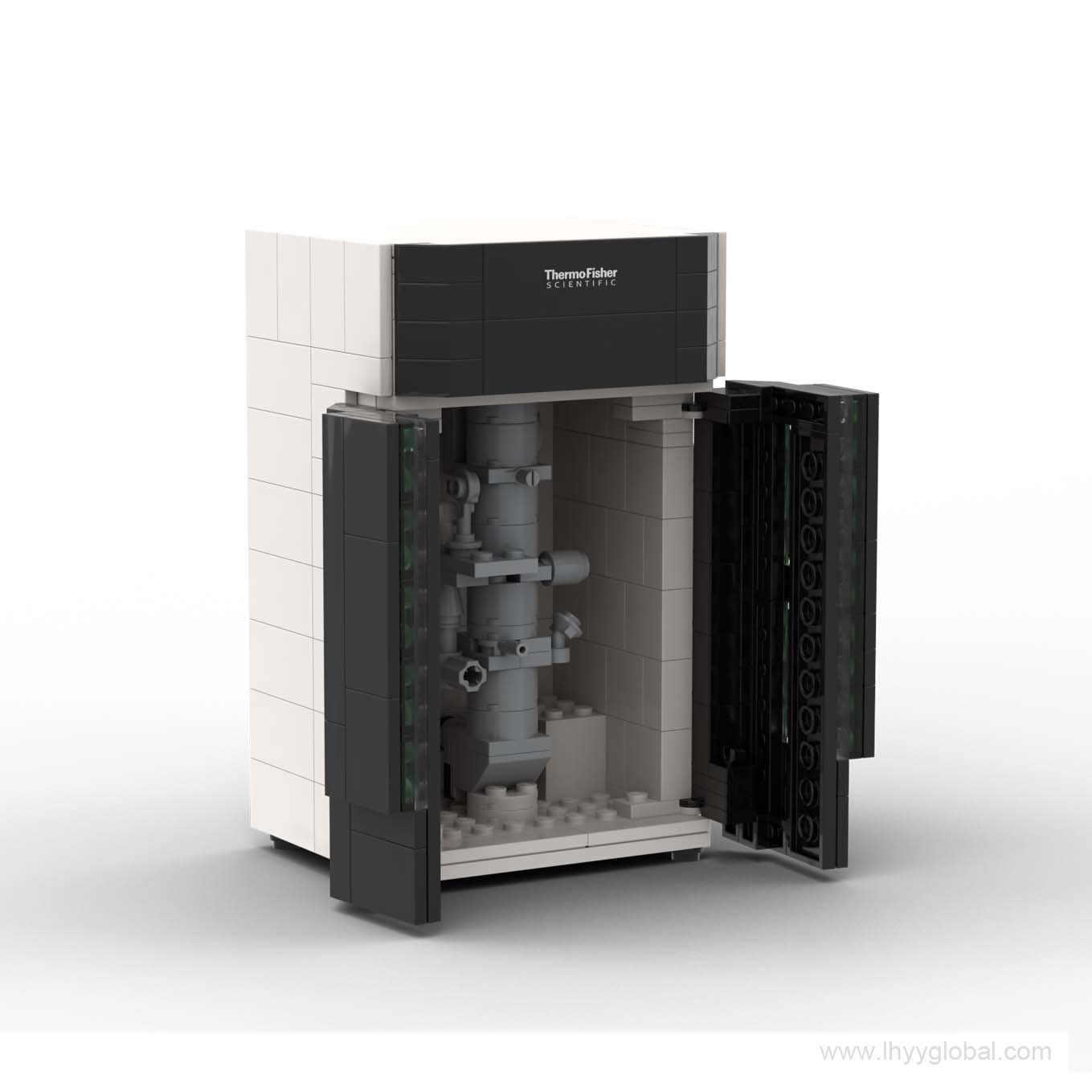Lego-compatible Thermo Fisher Krios 5 Cryo-TEM open-door building block model revealing internal cold field emission gun column replica, scientific custom corporate gift.