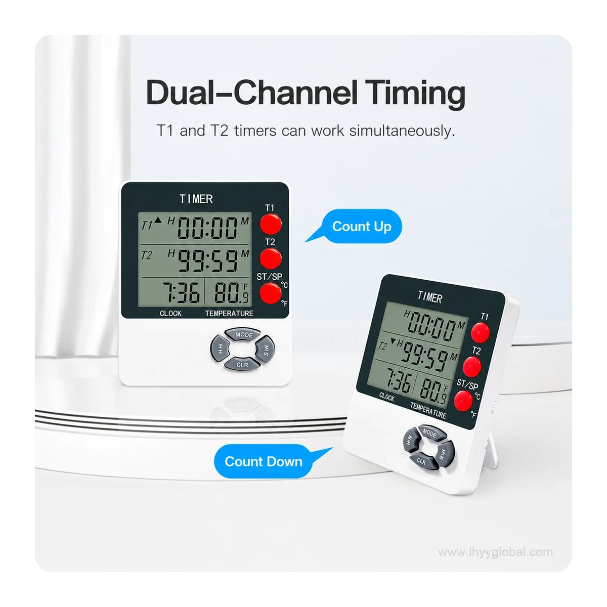 DTH-192 dual-channel digital timer showing simultaneous count-up and countdown modes with clock and temperature display