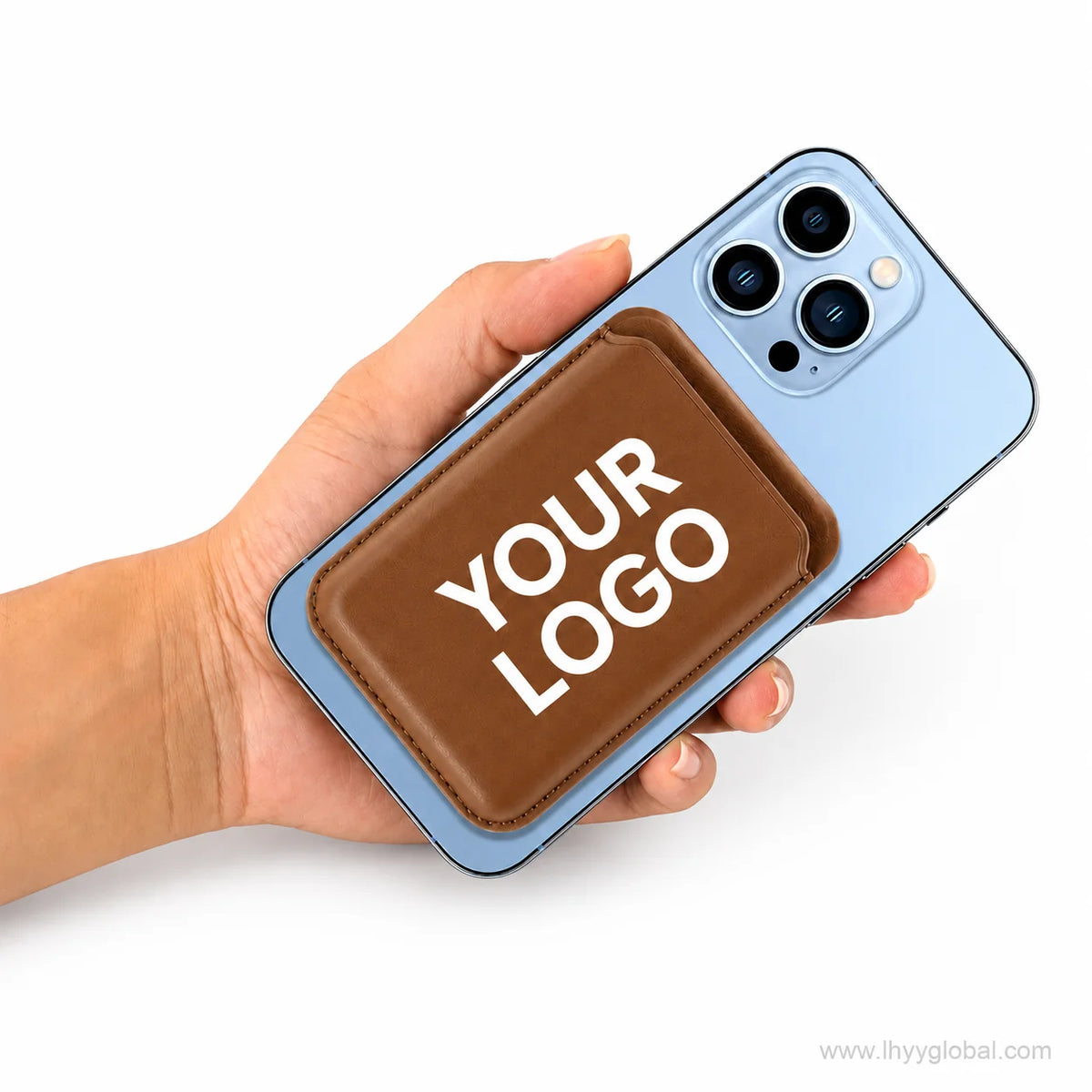 Custom logo MagSafe-compatible phone wallet attached to the back of a smartphone