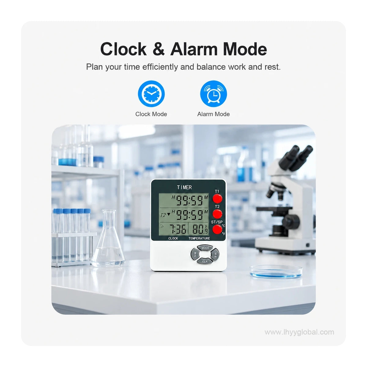 DTH-192 digital timer shown in a laboratory setting with clock and alarm mode features