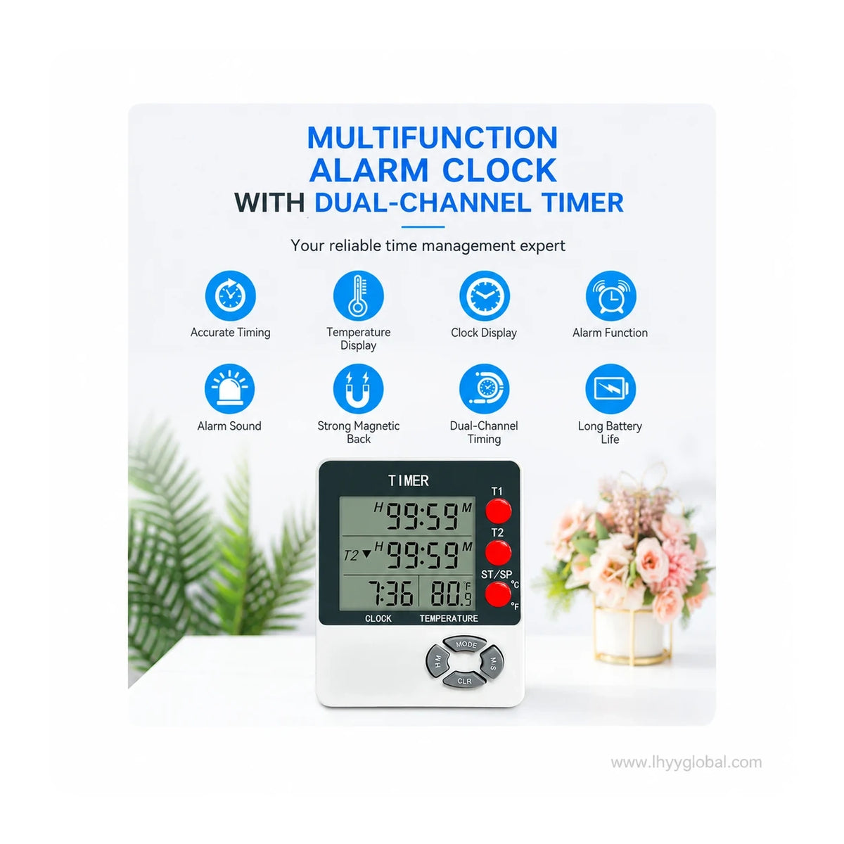 DTH-192 multifunction digital timer feature overview with timing, temperature, clock, alarm and magnetic back functions