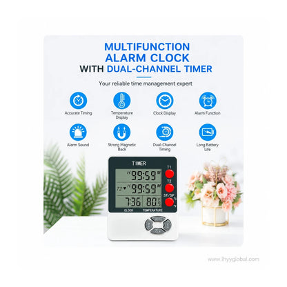 DTH-192 multifunction digital timer feature overview with timing, temperature, clock, alarm and magnetic back functions