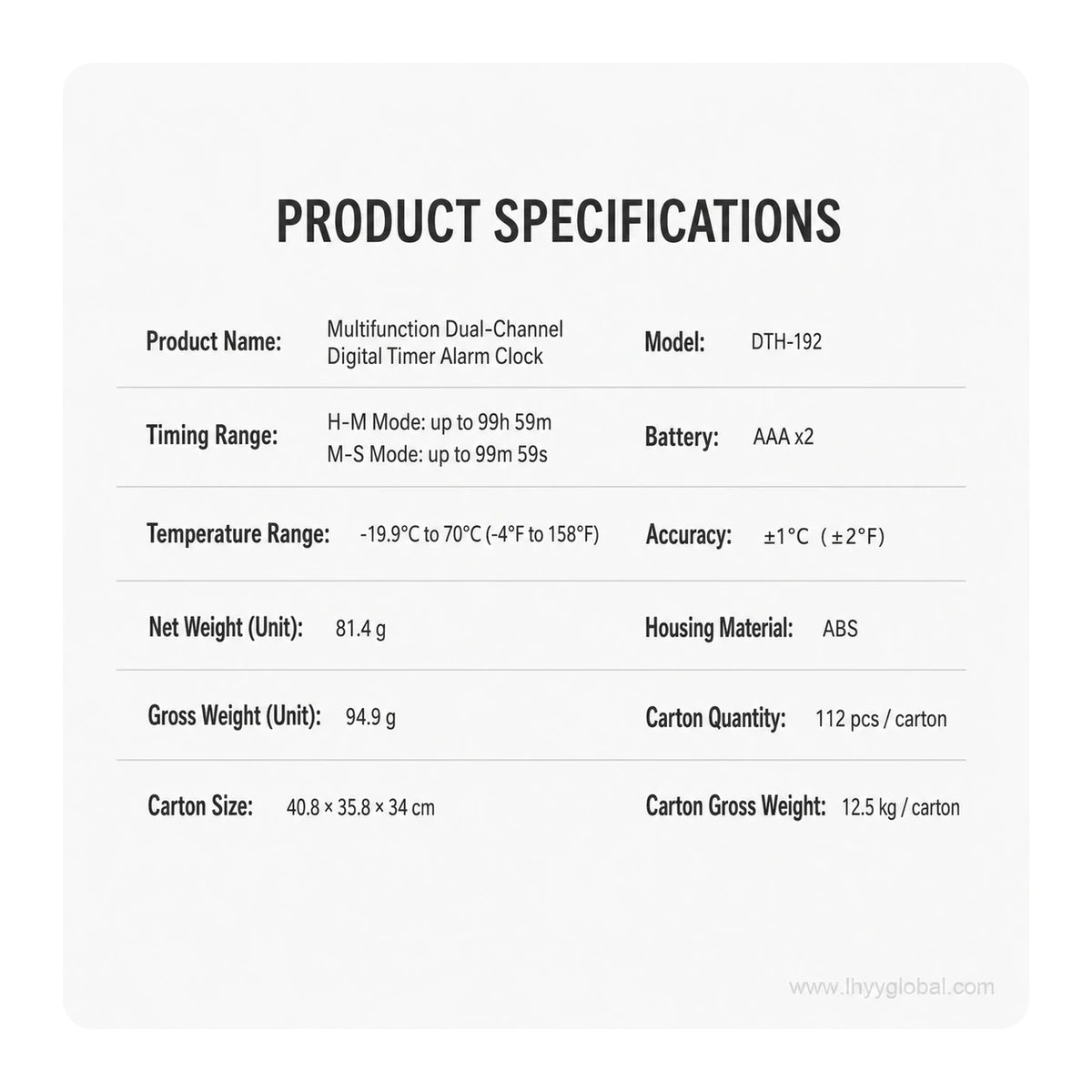 DTH-192 digital timer specifications including timing range, temperature range, AAA battery, ABS housing and carton details