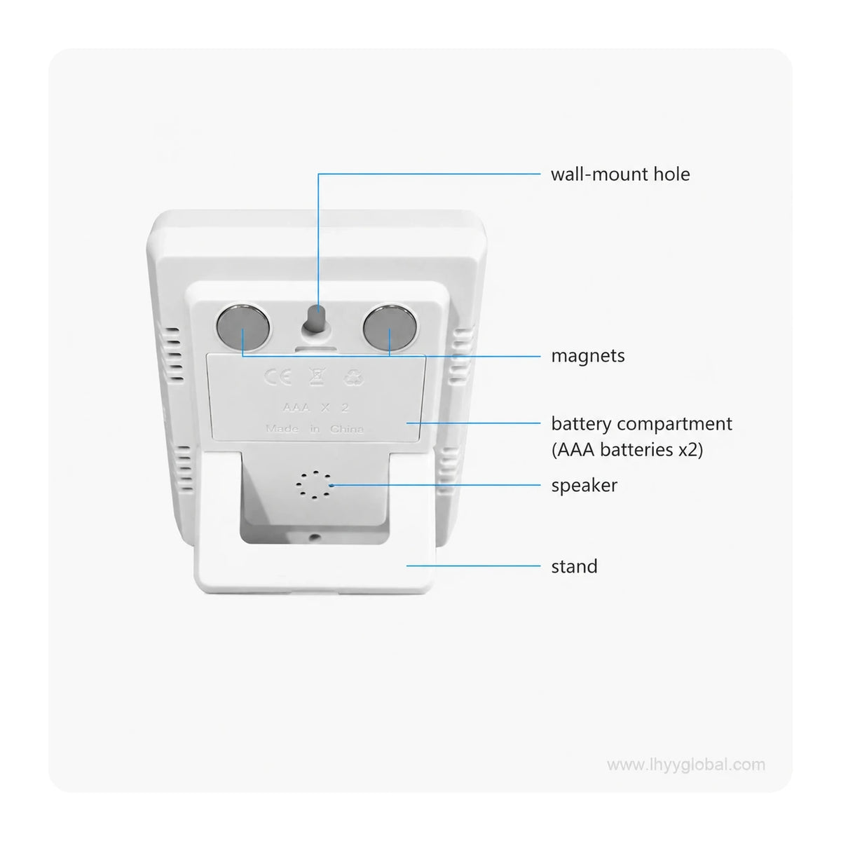 Rear view of DTH-192 digital timer showing wall-mount hole, magnets, AAA battery compartment, speaker and desktop stand