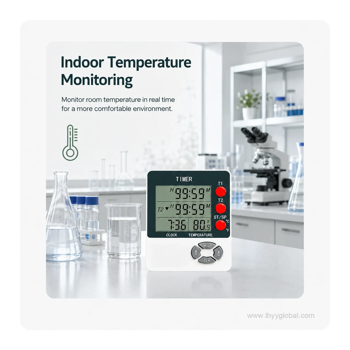 DTH-192 dual-channel digital timer with temperature display in a laboratory workspace
