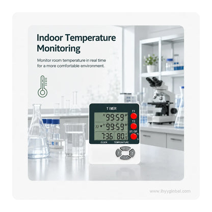 DTH-192 dual-channel digital timer with temperature display in a laboratory workspace