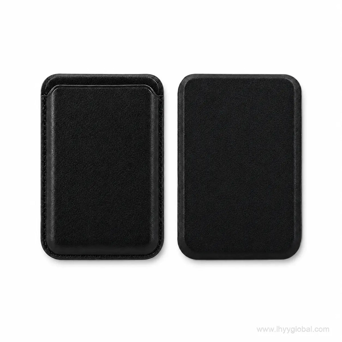 Black MagSafe-compatible phone wallet shown from front and back