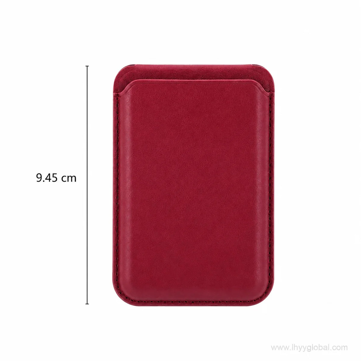 Burgundy MagSafe-compatible phone wallet size guide showing 9.45 cm height