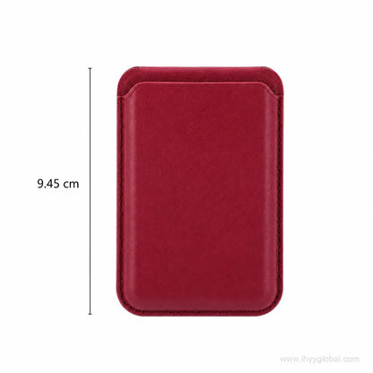 Burgundy MagSafe-compatible phone wallet size guide showing 9.45 cm height