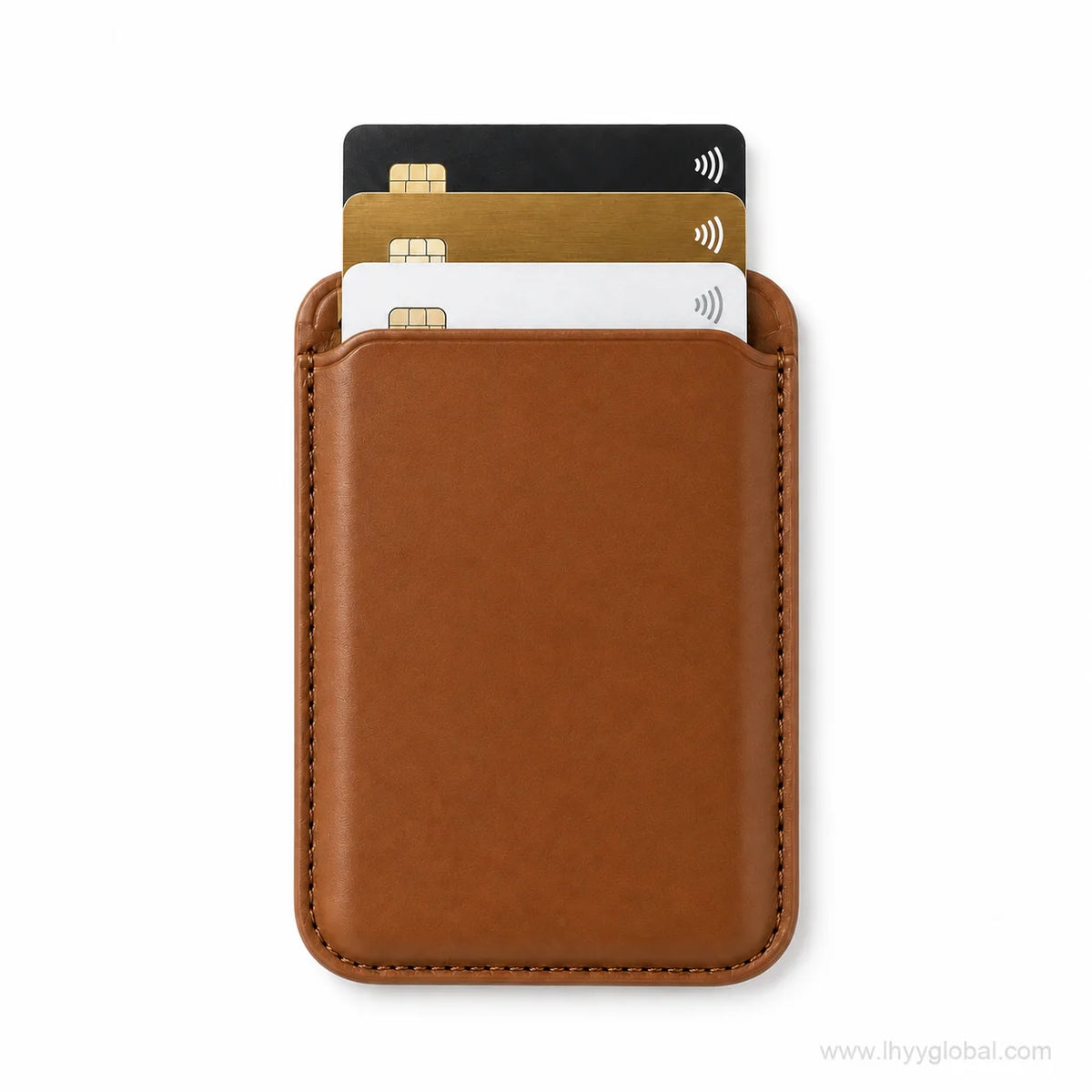 Brown magnetic phone wallet shown with three cards in the integrated card pocket