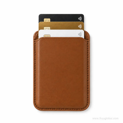 Brown magnetic phone wallet shown with three cards in the integrated card pocket