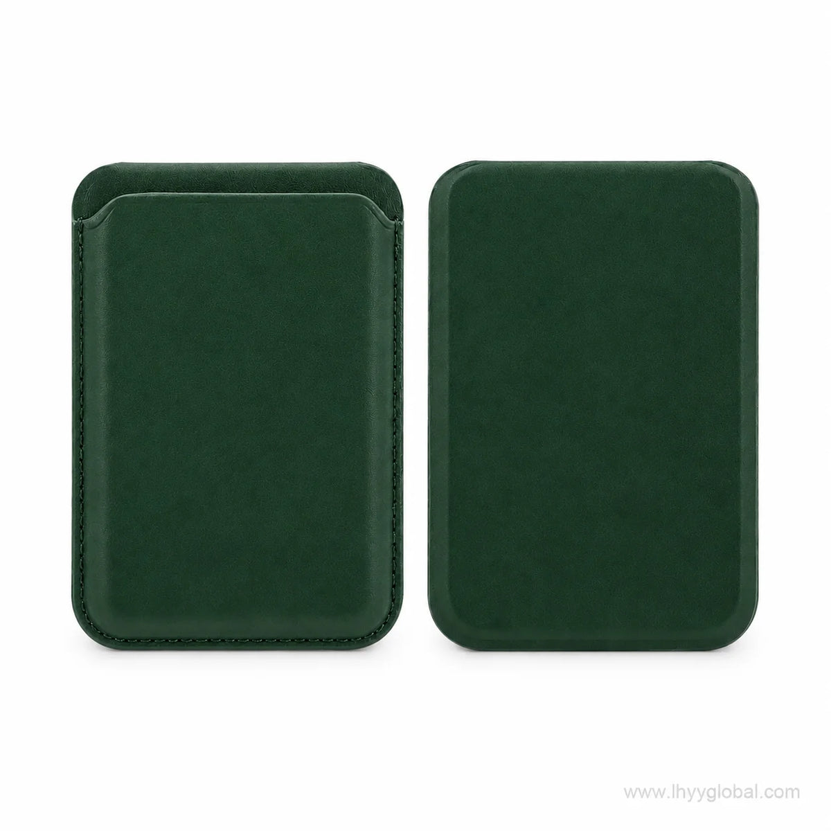 Dark green MagSafe-compatible phone wallet shown from front and back