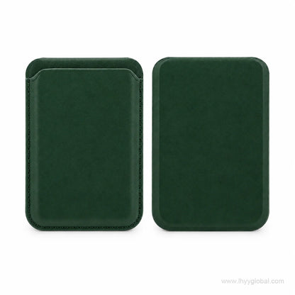 Dark green MagSafe-compatible phone wallet shown from front and back