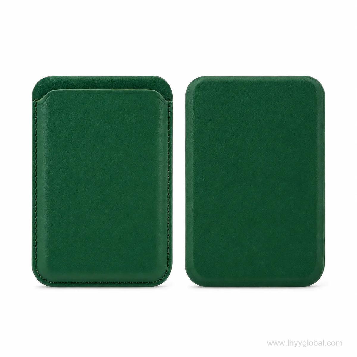 Grass green MagSafe-compatible phone wallet shown from front and back