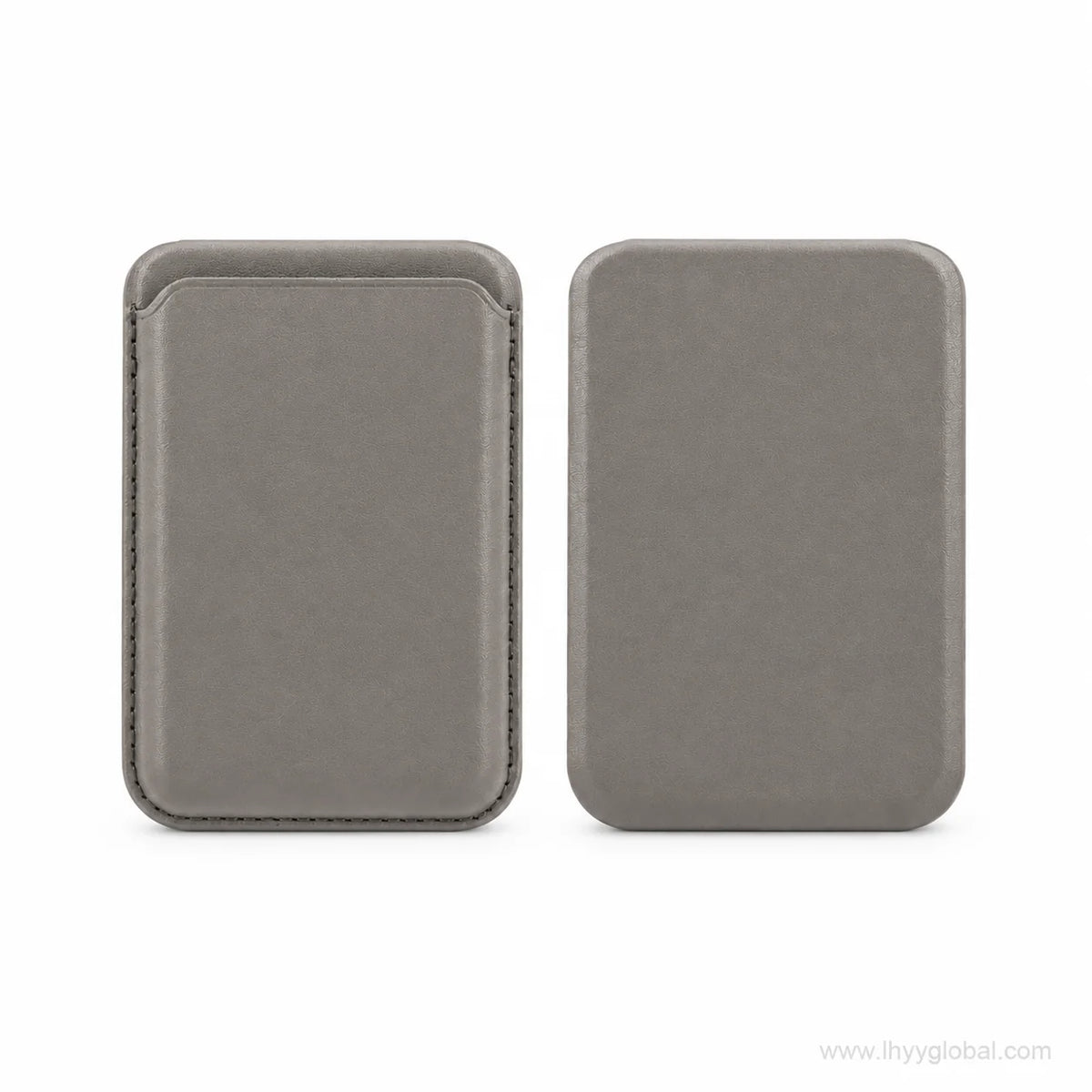 Gray MagSafe-compatible phone wallet shown from front and back