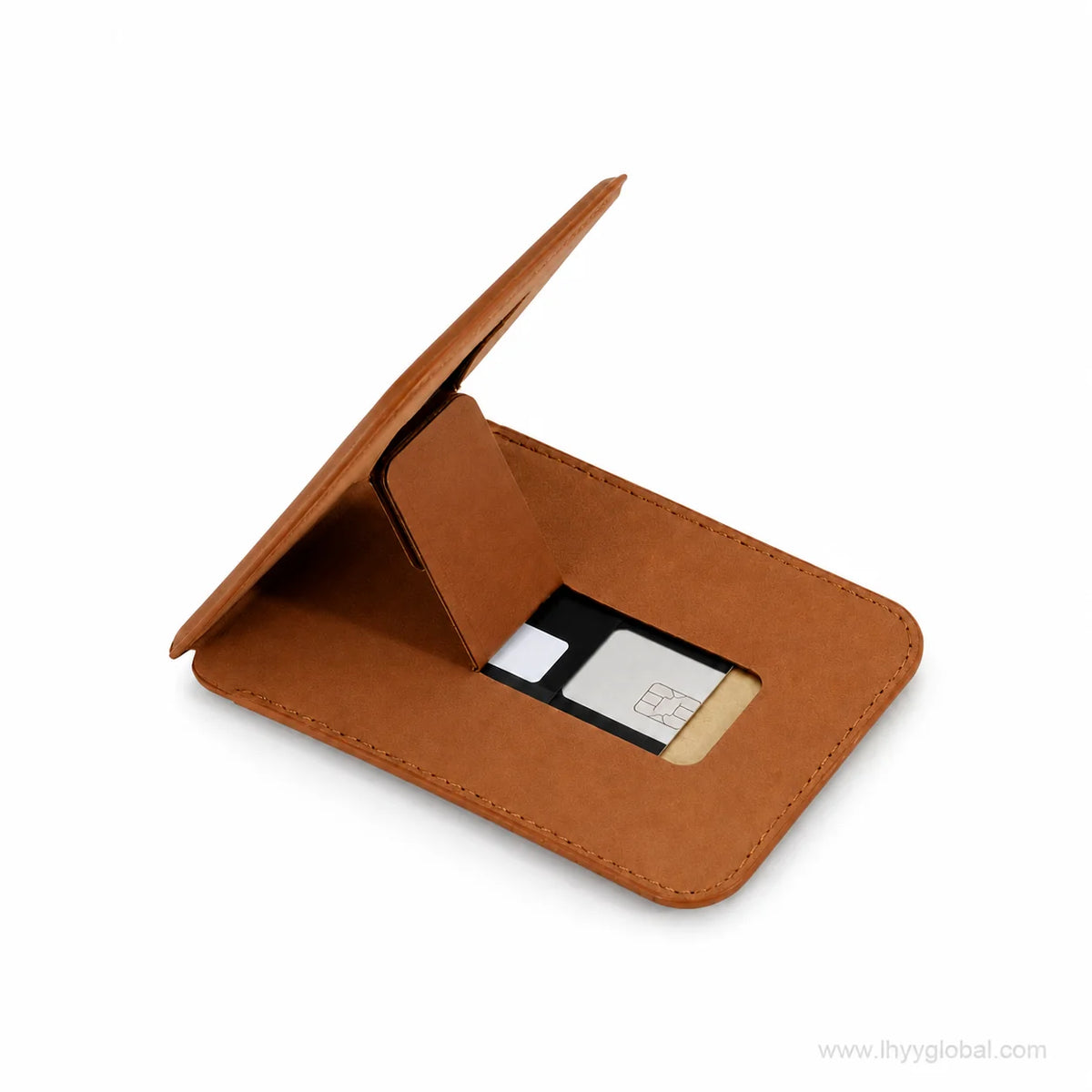 Brown magnetic phone wallet opened to show the foldable kickstand and card slot