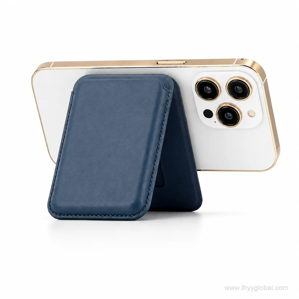 Navy blue MagSafe-compatible phone wallet used as a landscape smartphone stand