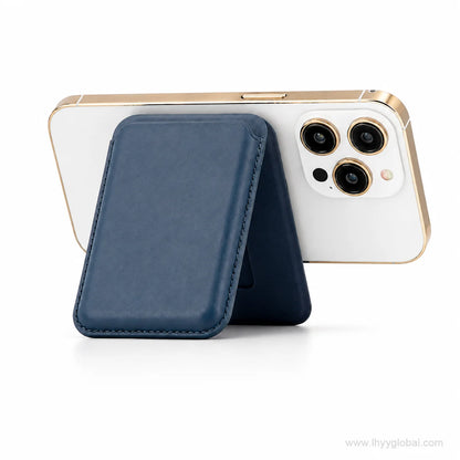 Navy blue MagSafe-compatible phone wallet used as a landscape smartphone stand