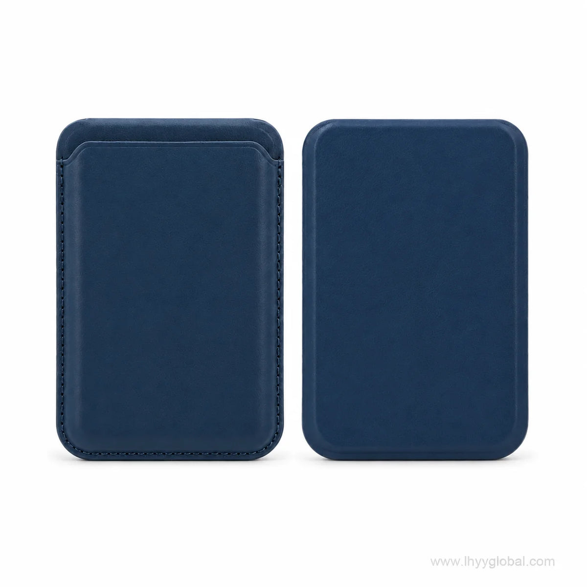 Navy blue MagSafe-compatible phone wallet shown from front and back