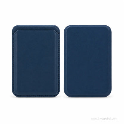 Navy blue MagSafe-compatible phone wallet shown from front and back