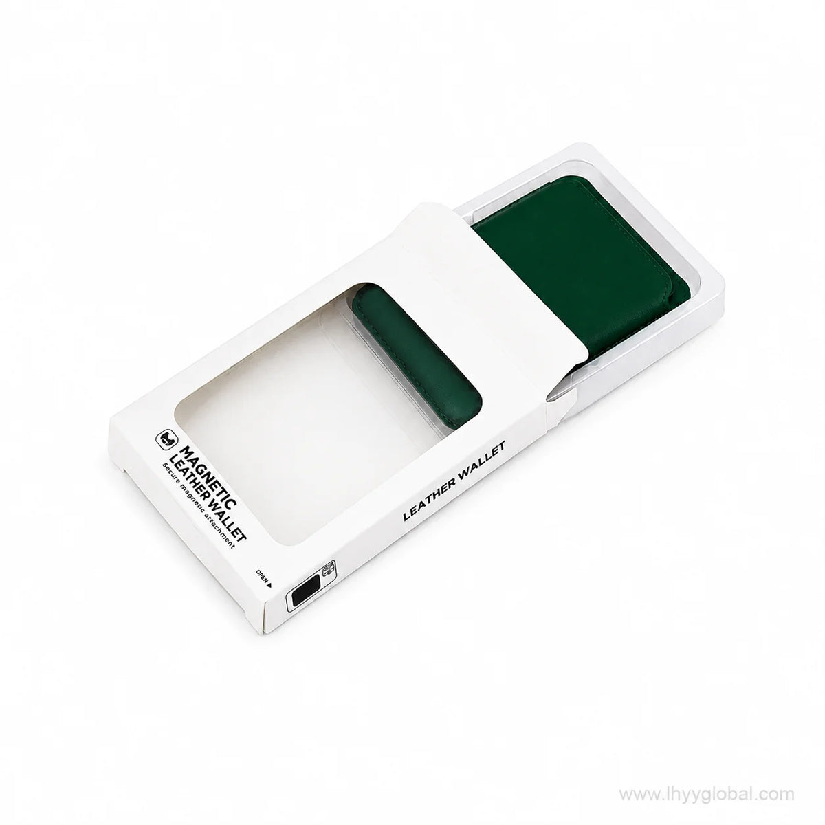 Green MagSafe-compatible phone wallet displayed in open product packaging
