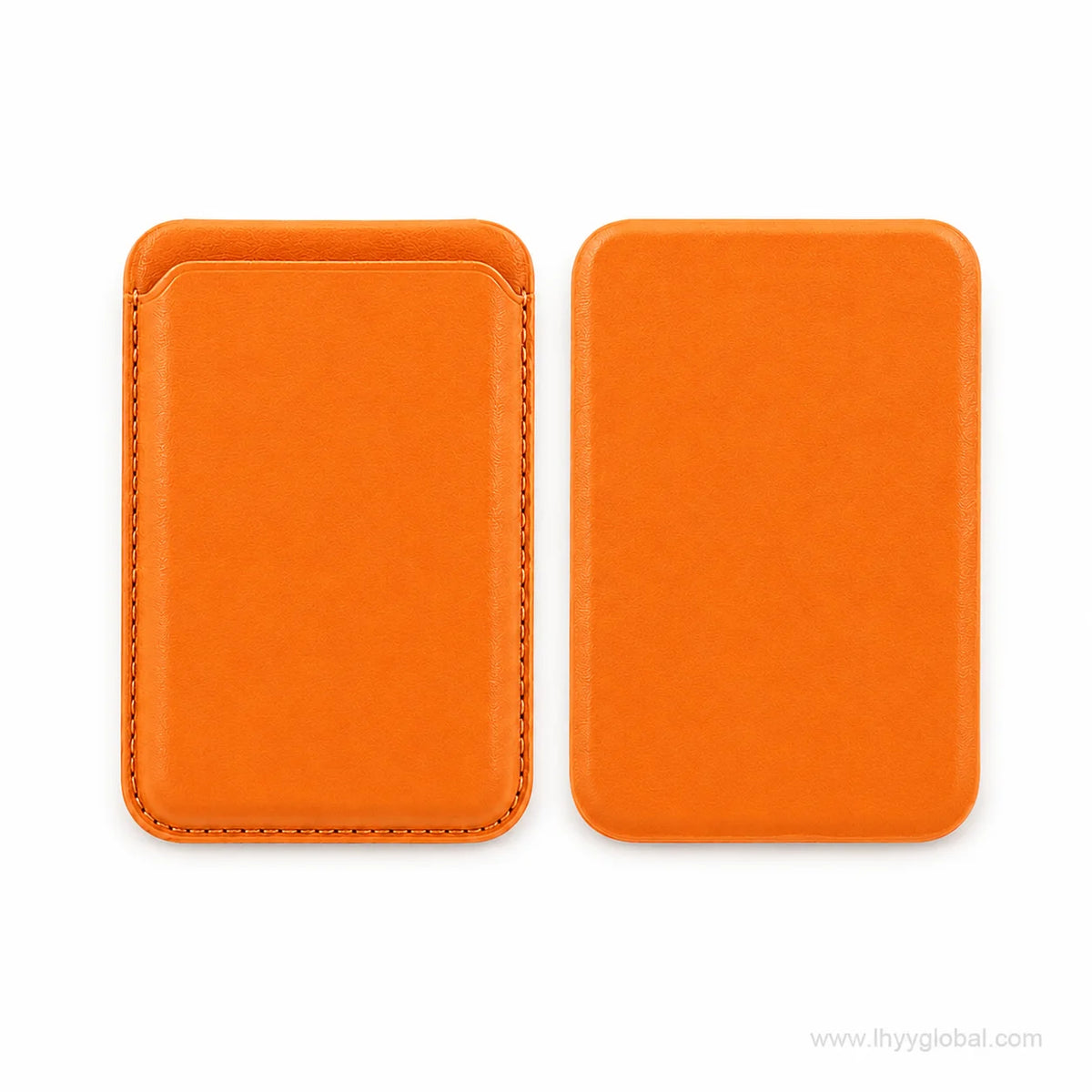 Orange MagSafe-compatible phone wallet shown from front and back