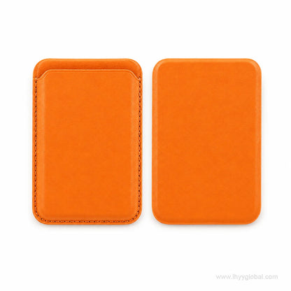 Orange MagSafe-compatible phone wallet shown from front and back