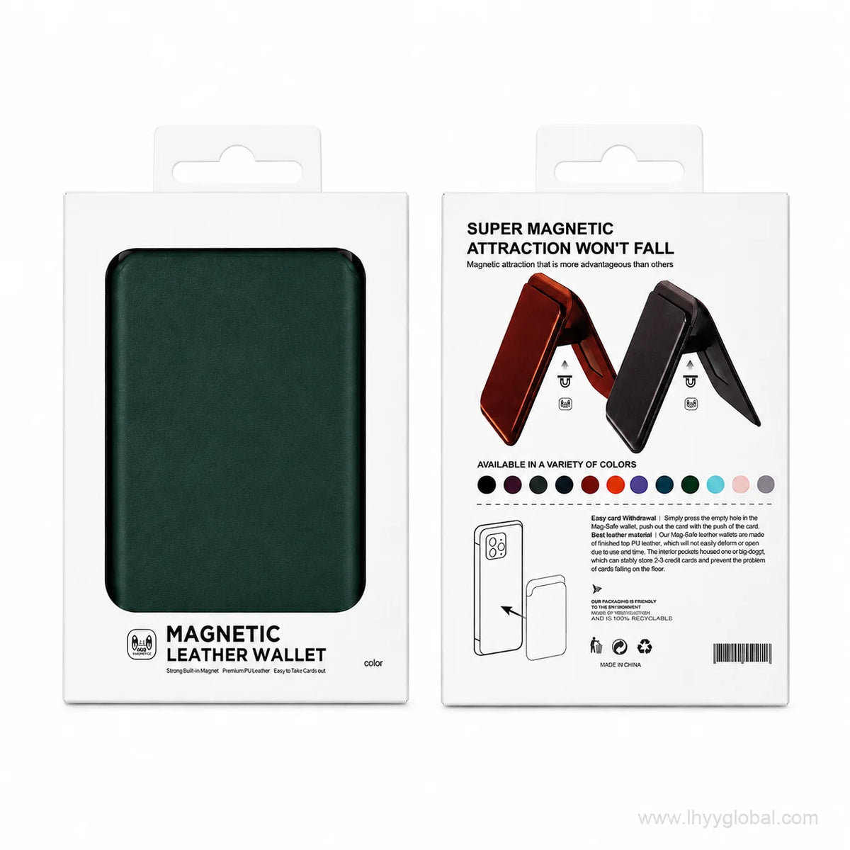 MagSafe-compatible phone wallet packaging shown from front and back