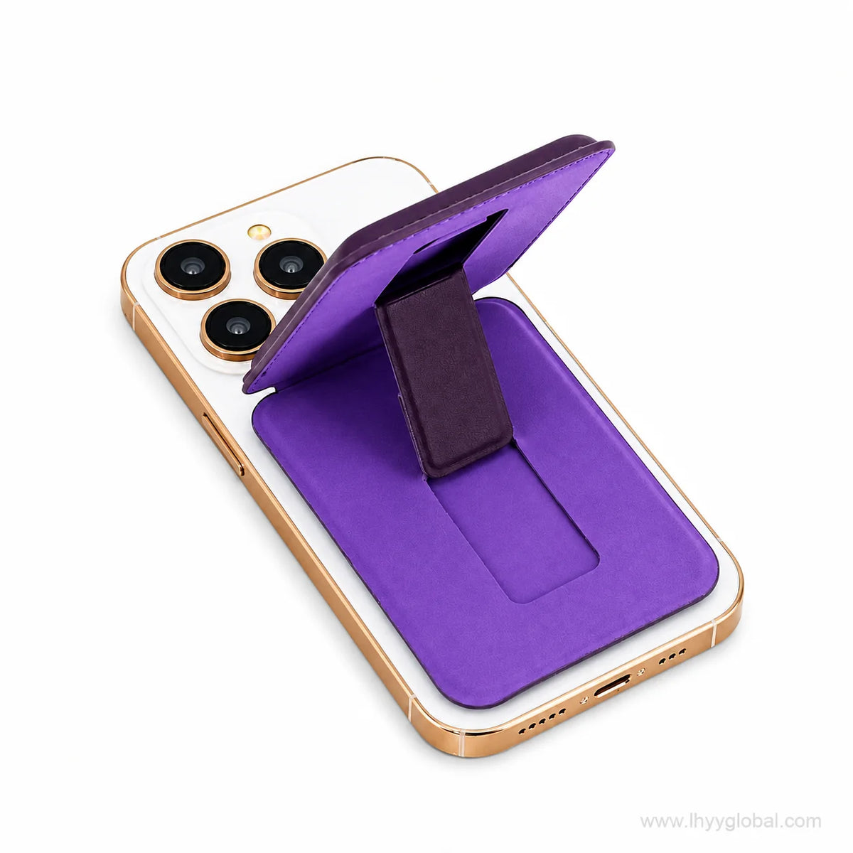 Purple MagSafe-compatible phone wallet with foldable kickstand attached to a smartphone
