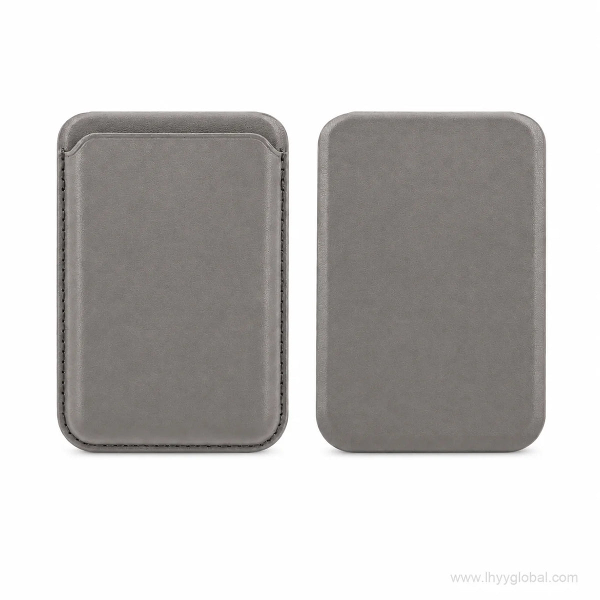 Titanium gray MagSafe-compatible phone wallet shown from front and back