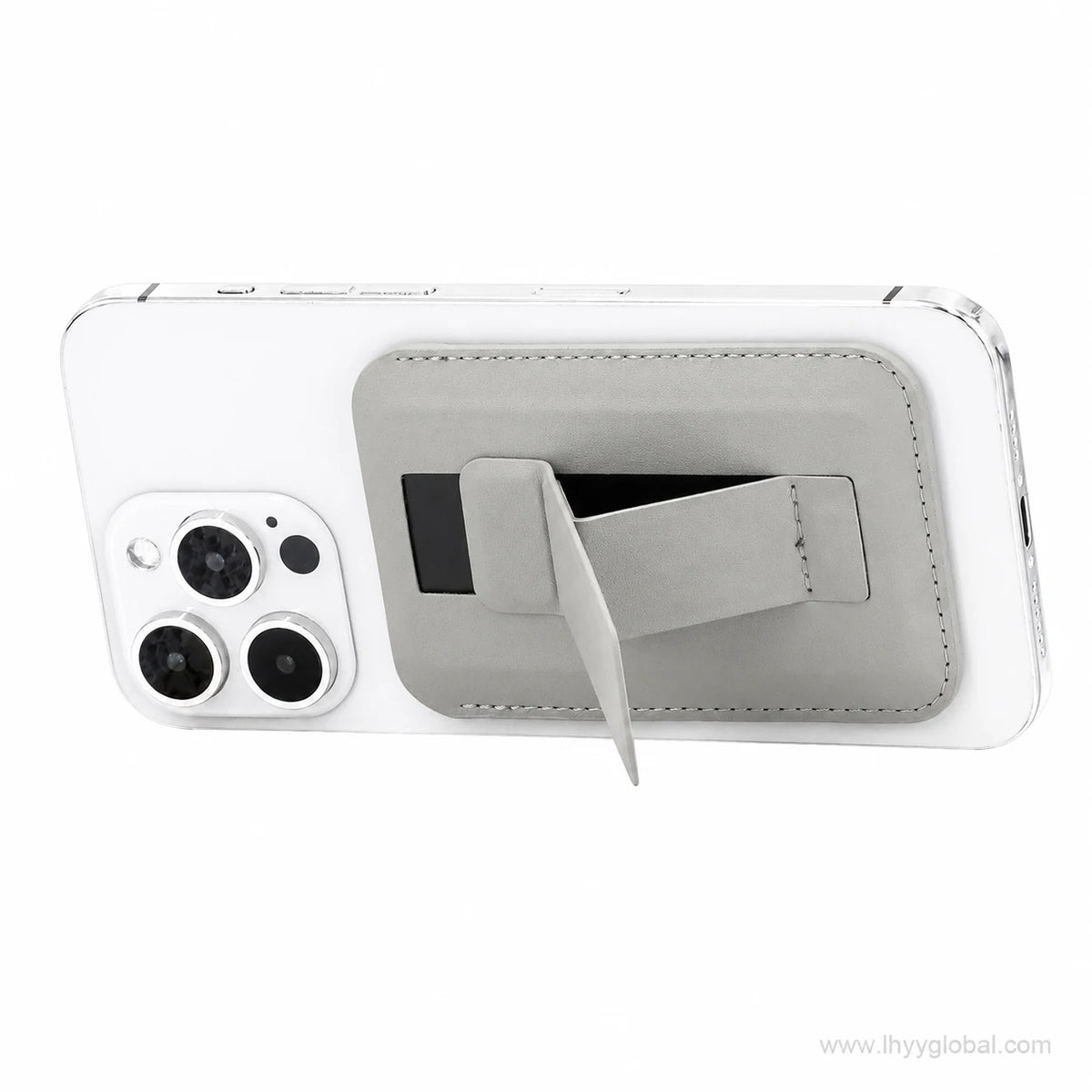 Gray magnetic phone wallet card holder opened as a landscape smartphone stand