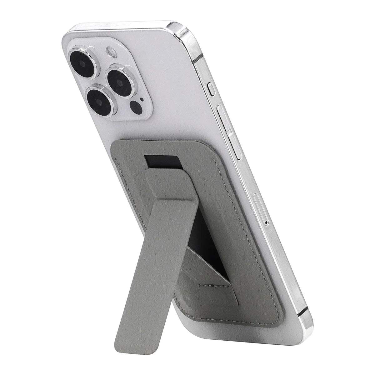 Gray magnetic phone wallet with integrated fold-out stand shown from an angled rear view