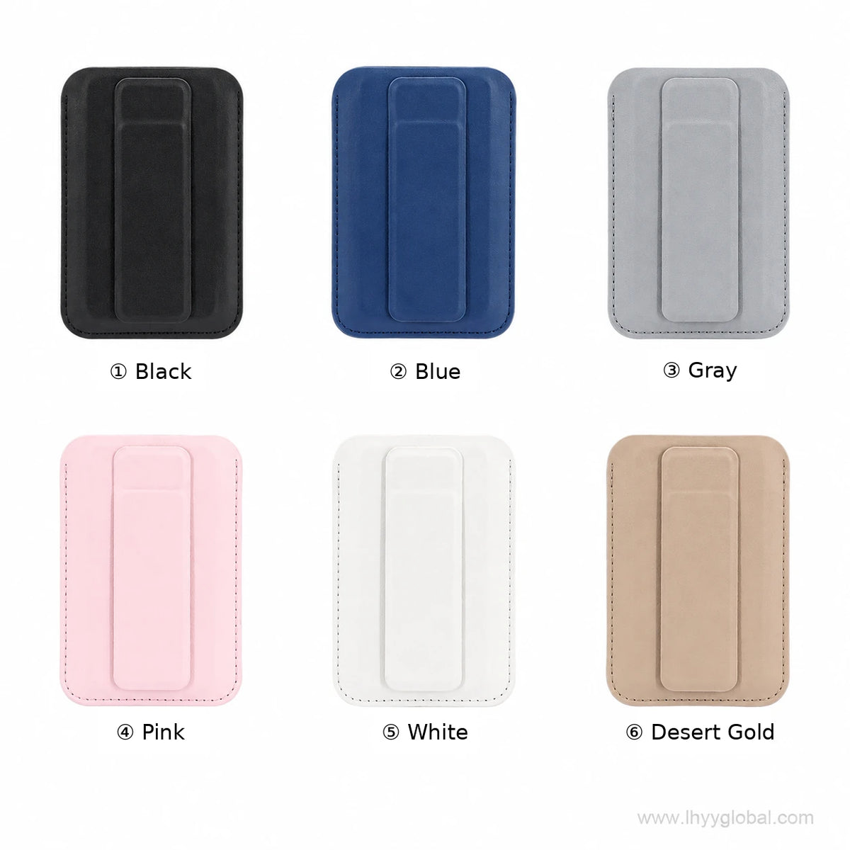 Magnetic phone wallet stand available in Black, Blue, Gray, Pink, White and Desert Gold