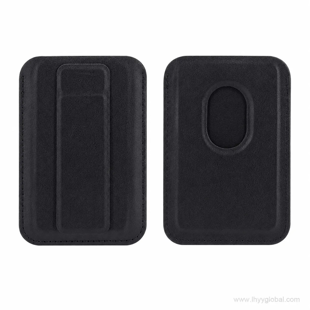 Black magnetic phone wallet card holder with fold-out stand shown from front and back