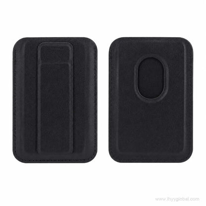 Black magnetic phone wallet card holder with fold-out stand shown from front and back
