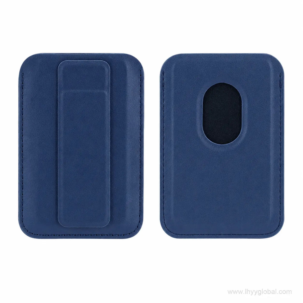 Blue magnetic phone wallet card holder with fold-out stand shown from front and back
