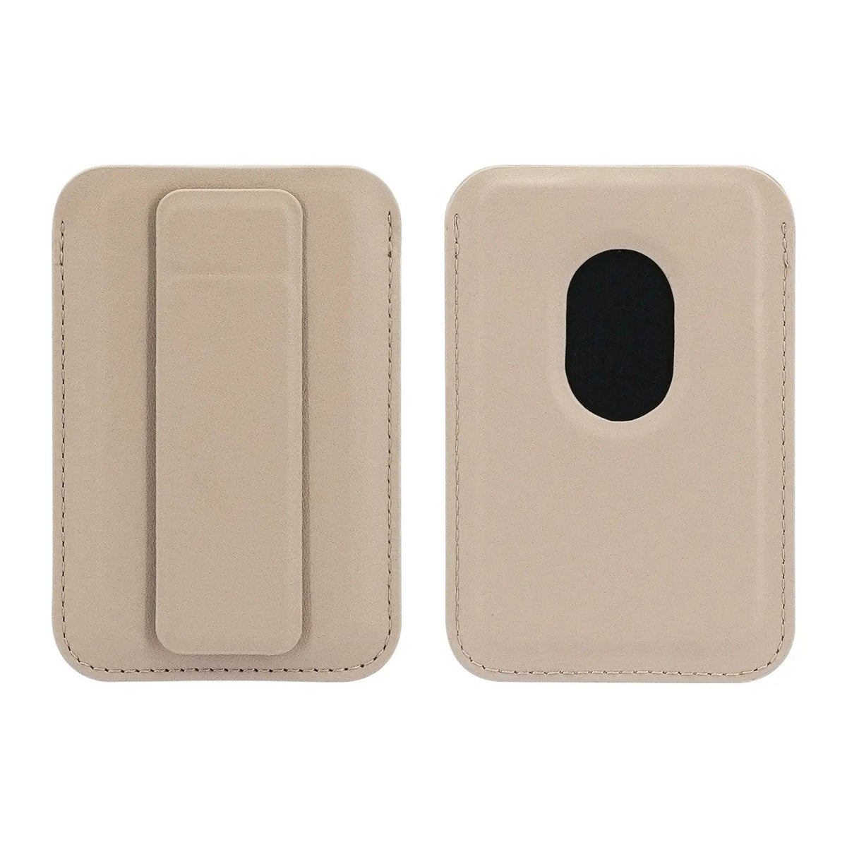Desert Gold magnetic phone wallet card holder with fold-out stand shown from front and back