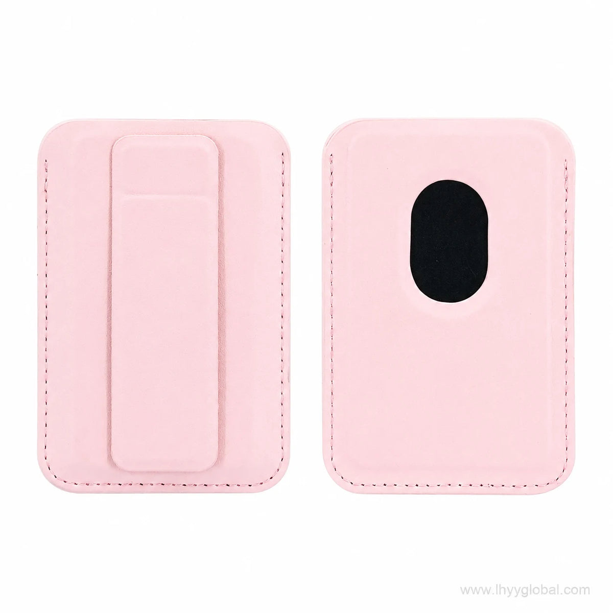 Pink magnetic phone wallet card holder with fold-out stand shown from front and back